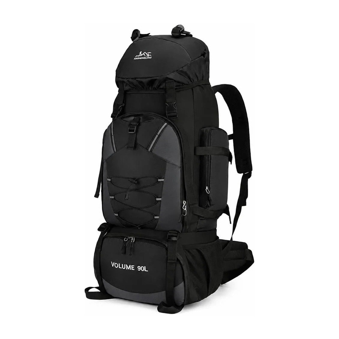Black 90L waterproof hiking backpack on a white background