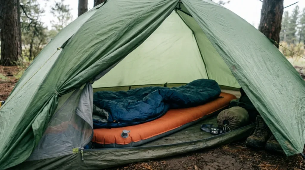 Inflatable insulated sleeping pad laid out inside a tent with morning light coming through the door