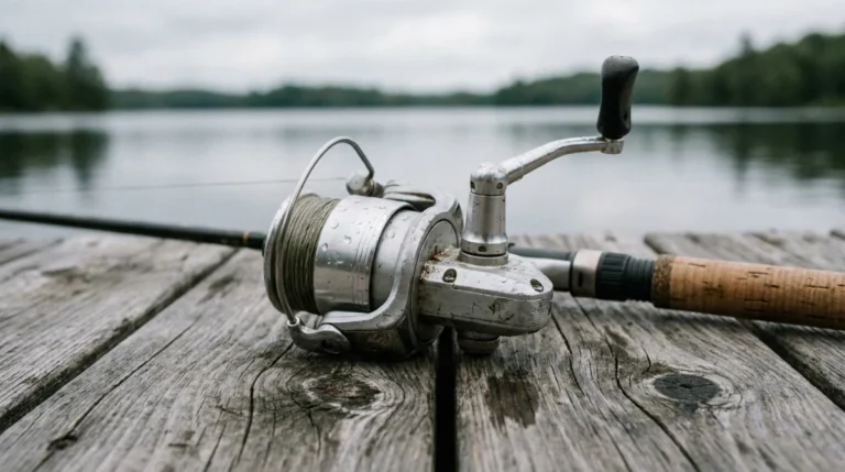 Spinning reel mounted on a fishing rod resting beside calm water at first light