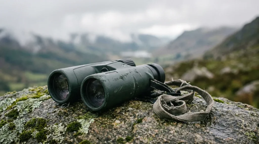 Pair of roof-prism binoculars with a coiled neck strap resting on a mossy granite boulder above an open valley