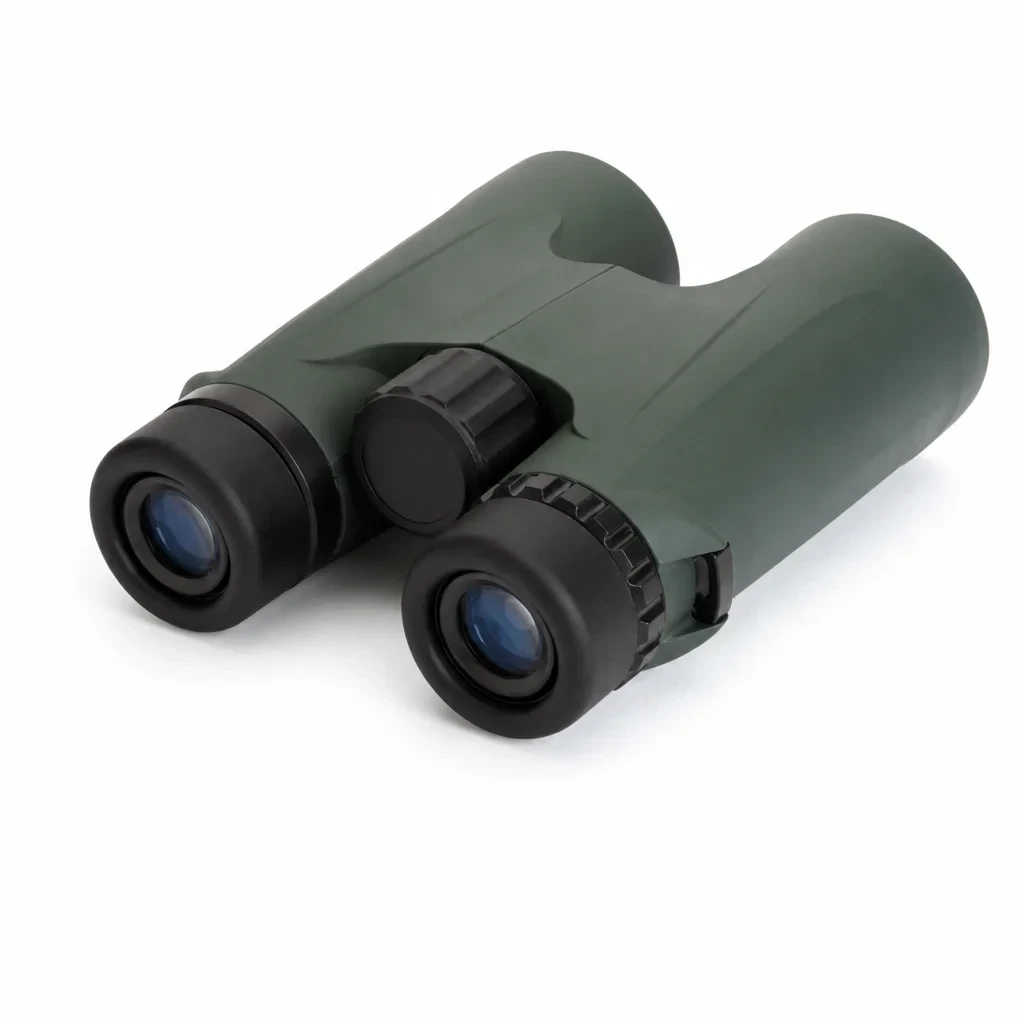 How to choose binoculars: a green roof-prism 10x42 pair on a white background