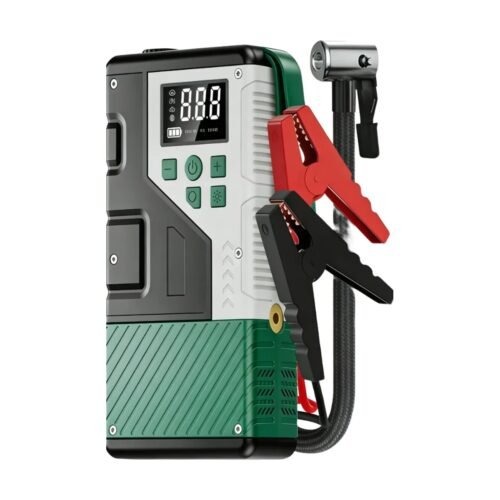 Jump starter air compressor 7000A portable unit with digital display and battery clamps on white background