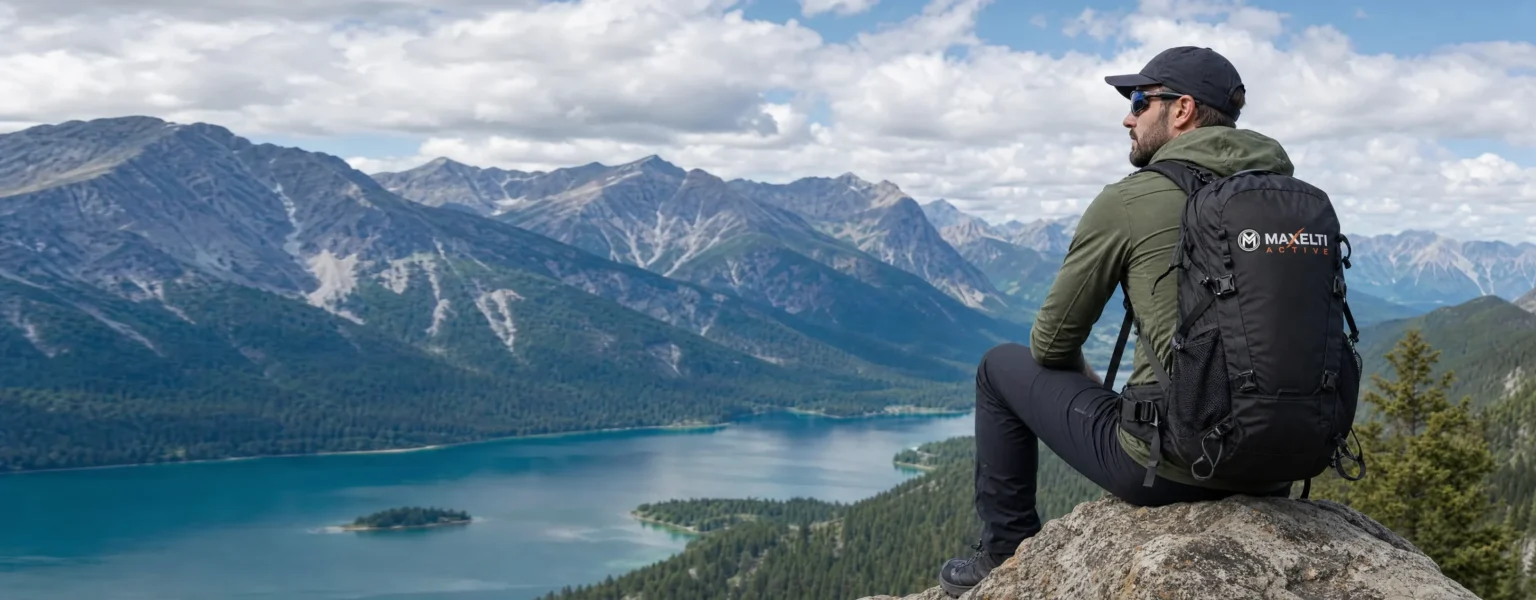 A hiker sitting above an alpine lake wearing a MAXELTI ACTIVE backpack