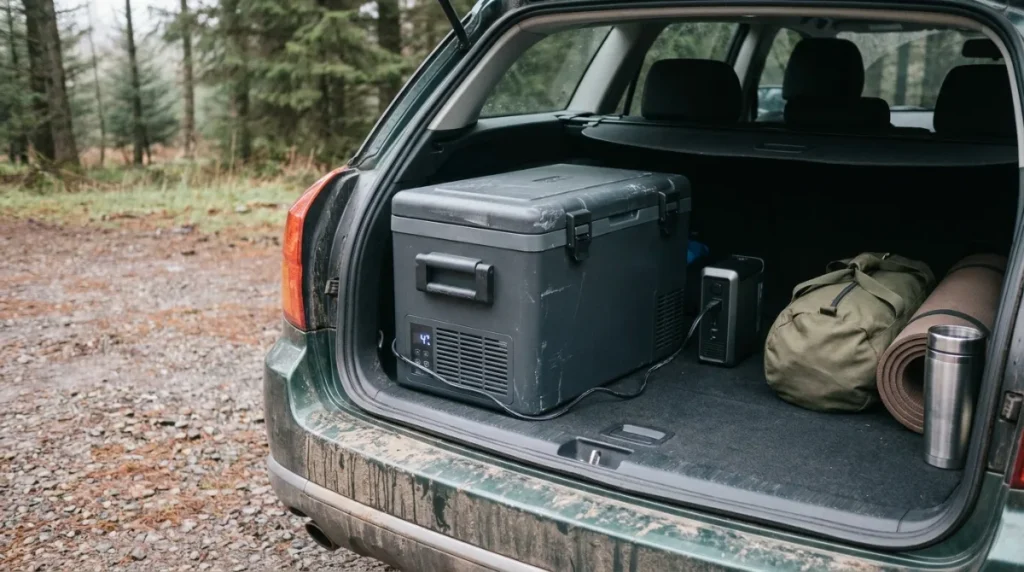 A 12 V compressor fridge connected by cable to a portable power station in the boot of a car, alongside a duffel bag and sleeping mat