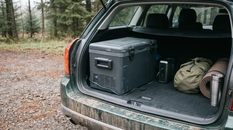 A 12 V compressor fridge connected by cable to a portable power station in the boot of a car, alongside a duffel bag and sleeping mat
