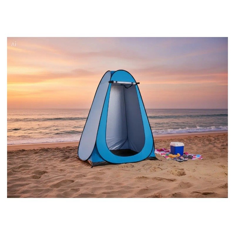 Pop up privacy tent set up on a beach at sunset, used as a changing room