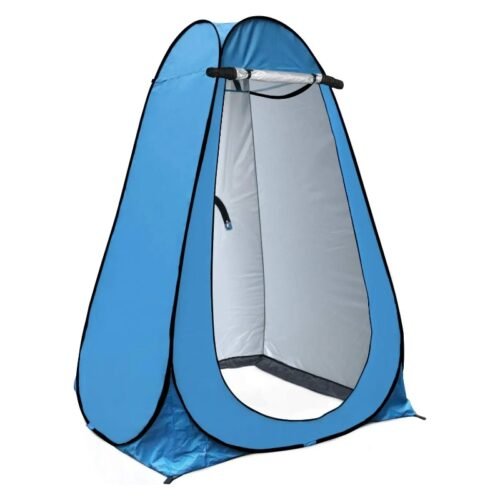 Blue pop up privacy tent standing open, front view with the door unzipped