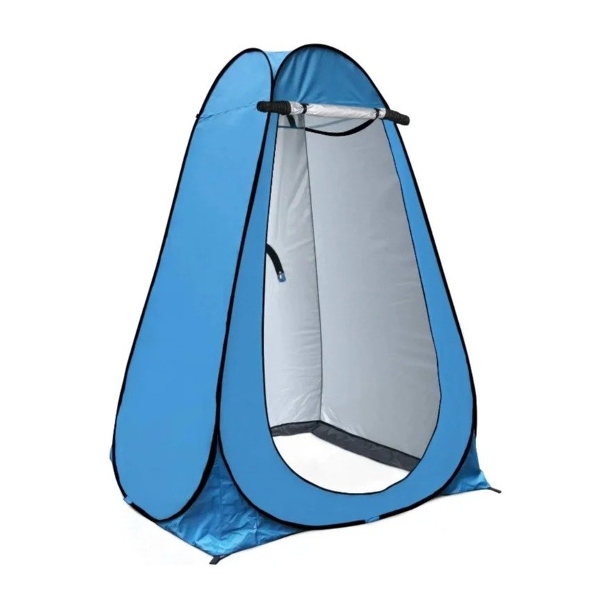 Blue pop up privacy tent standing open, front view with the door unzipped