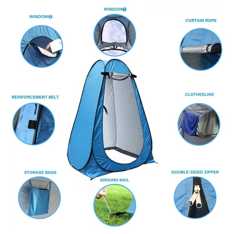 Pop up privacy tent details: window, floor, storage pocket and ground stakes