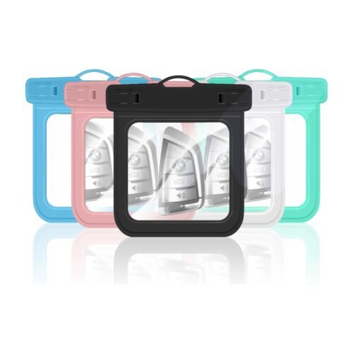Waterproof dry bag for a phone, keys and cards, shown in several colours