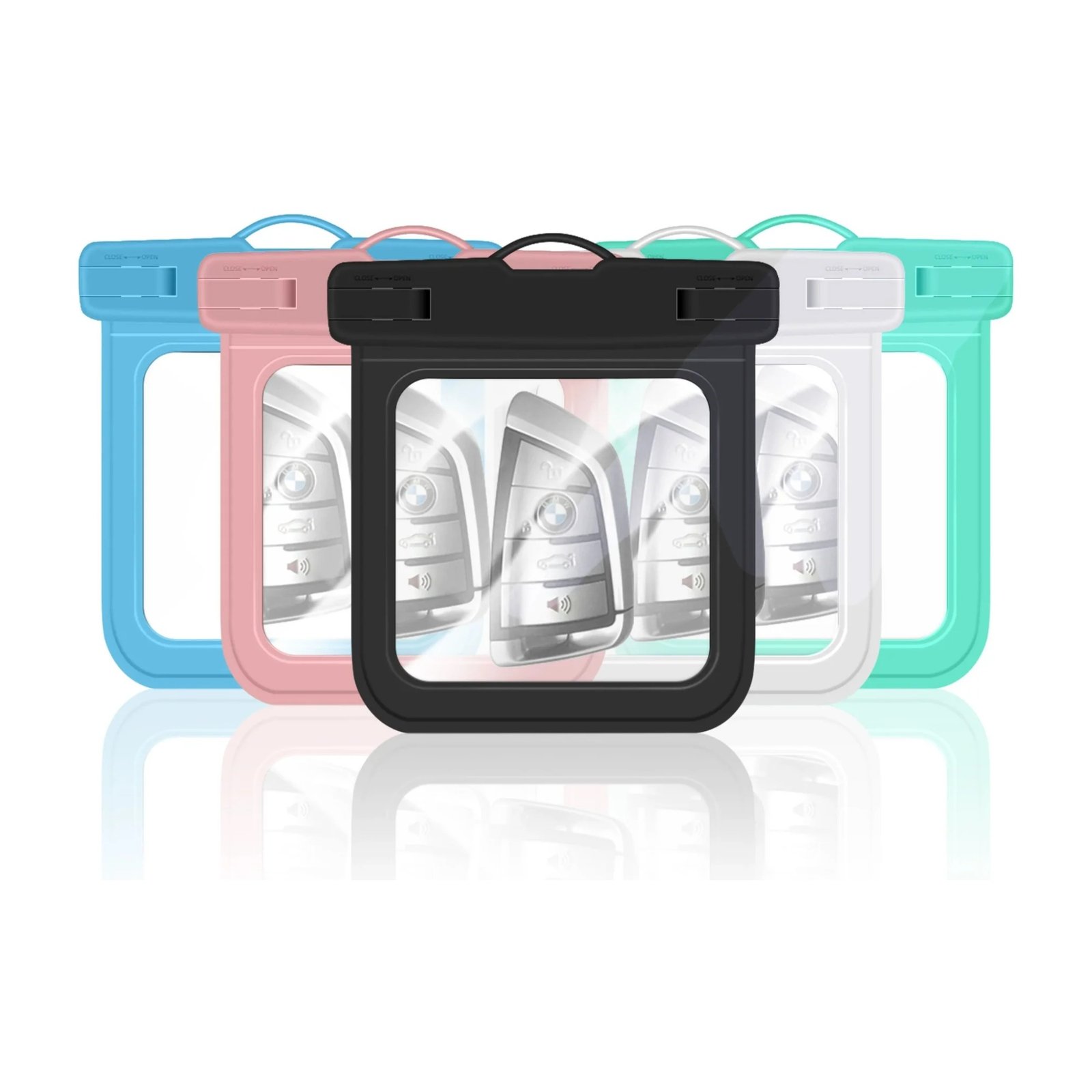 Waterproof dry bag for a phone, keys and cards, shown in several colours