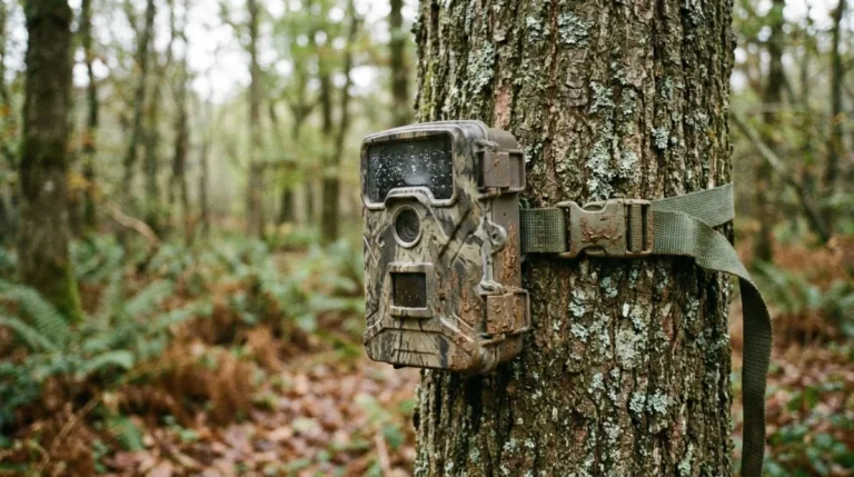 Camouflage trail camera strapped to an oak tree overlooking a forest trail at dawn