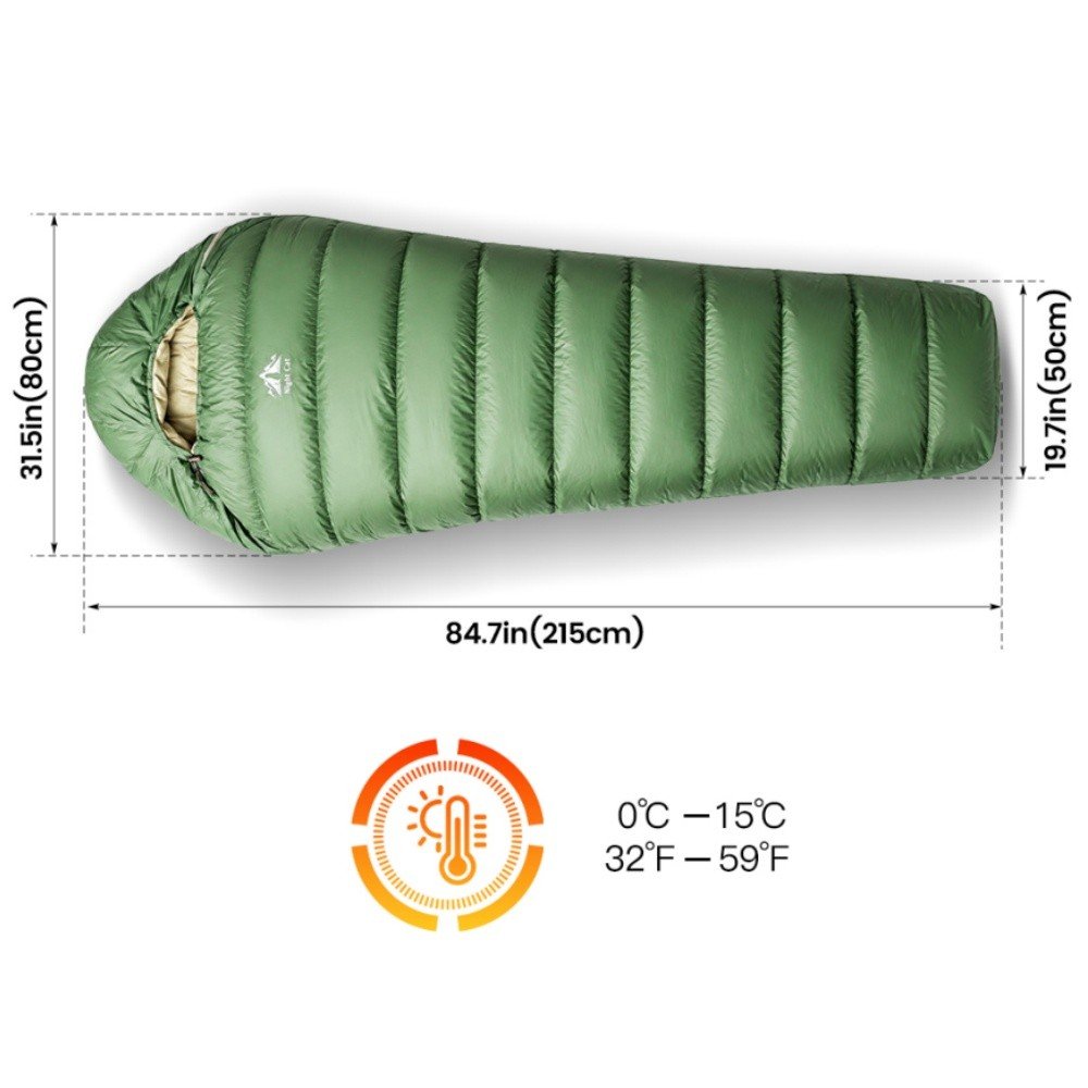 Night Cat down sleeping bag dimensions, 84.7 inches long with a 32 to 59°F comfort range