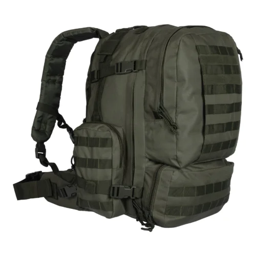 MOLLE backpack in olive drab, three-quarter front view showing the webbing rows and the detachable front pouch