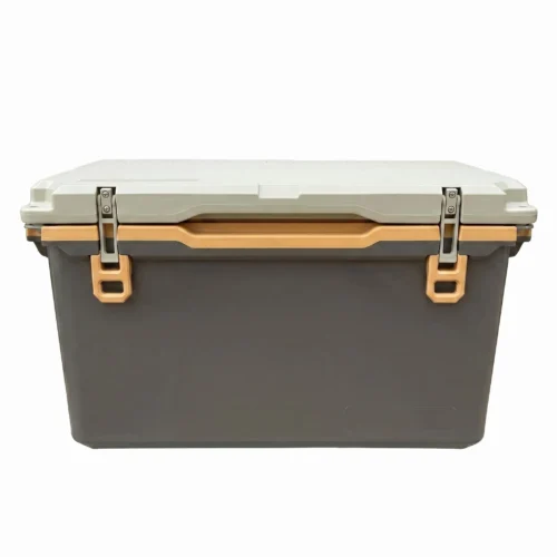 48 quart hard cooler in tan with wood-tone latches, front view