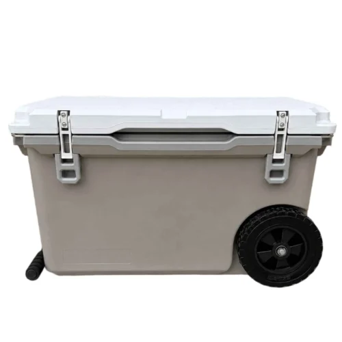 48 QT cooler with wheels in light grey, three-quarter view