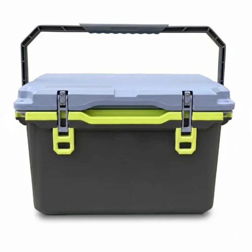 22 QT ultra light hard cooler in dark grey with blue lid, front view on white background