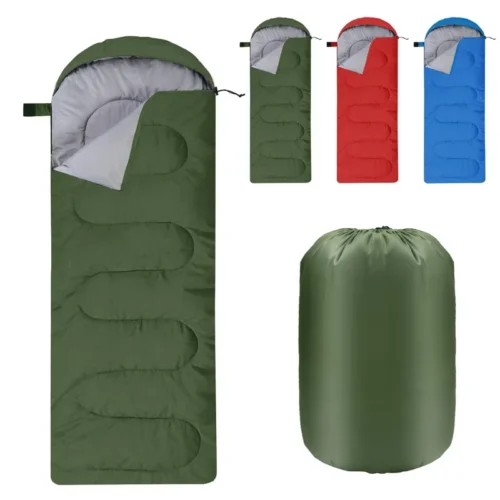 Green envelope camping sleeping bag with compression stuff sack and black and blue color options