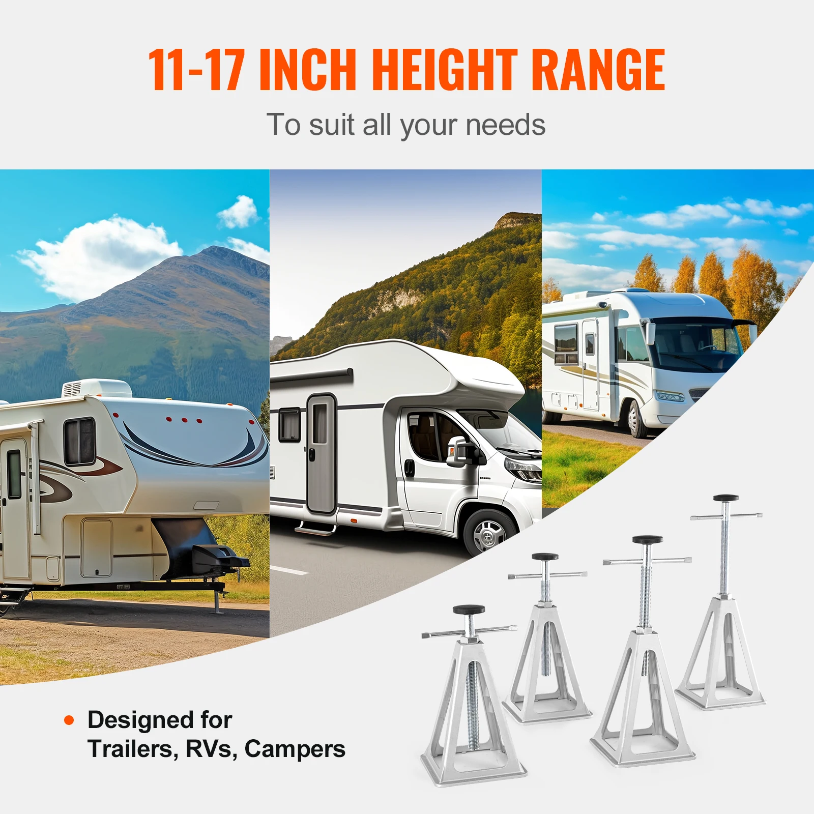 RV stabilizer jacks adjusted between 11 and 17 inches under a parked travel trailer