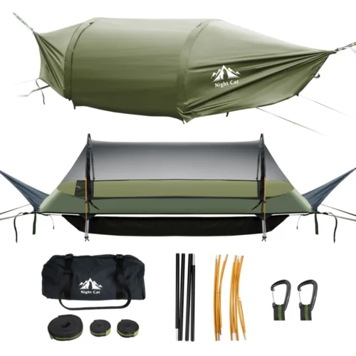 Night Cat lay flat hammock with mosquito net and rainfly, shown with its straps, poles and carry bag