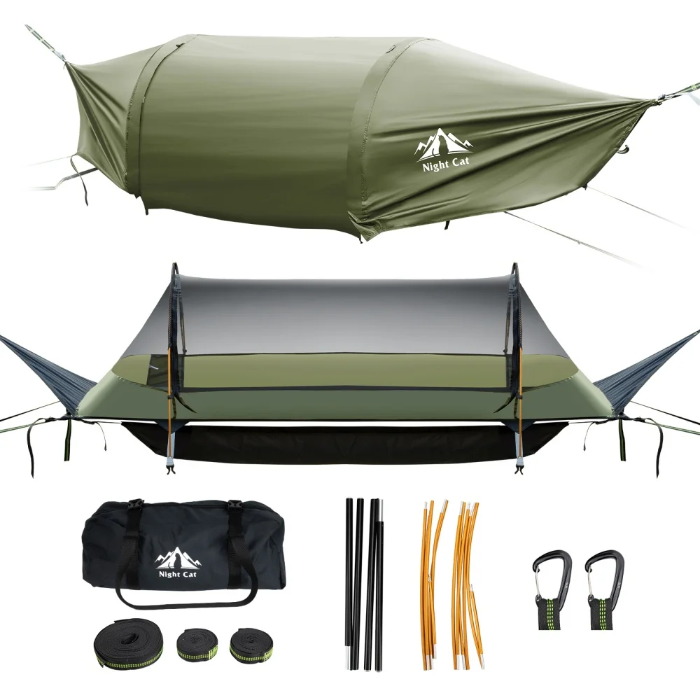 Night Cat lay flat hammock with mosquito net and rainfly, shown with its straps, poles and carry bag