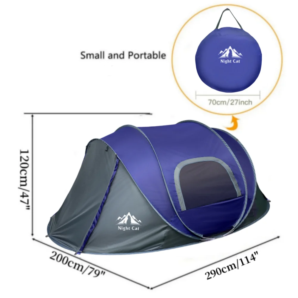Night Cat pop-up camping tent dimensions, 290 x 200 cm floor and 120 cm height, with folded carry bag