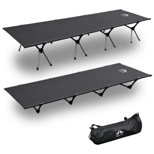 Night Cat camping cot in black with folding aluminum legs and carry bag