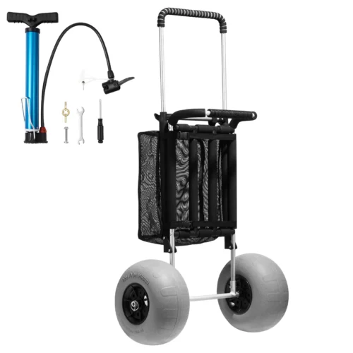 Beach cart with 12 inch balloon wheels, mesh bag and inflation pump