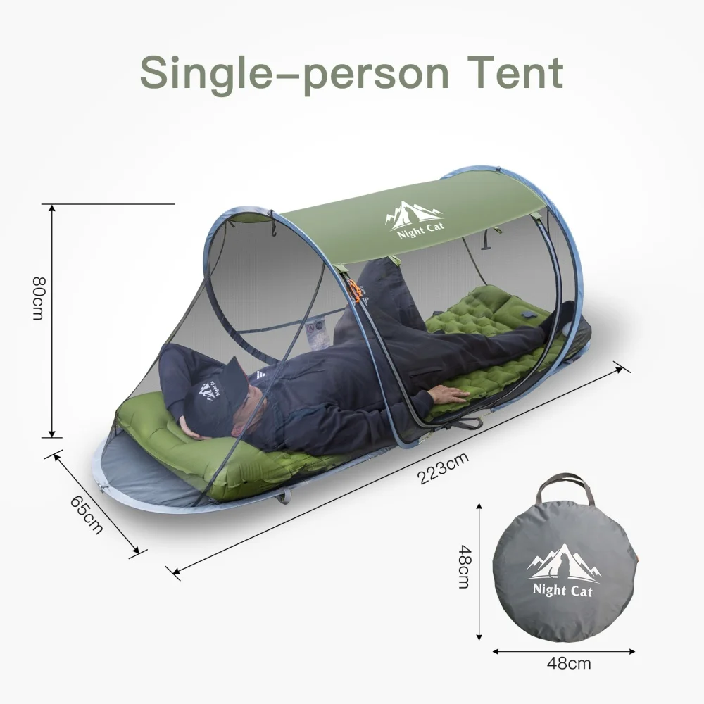 Night Cat pop-up mosquito tent dimensions for one person, 88 inches long, shown with its round carry bag