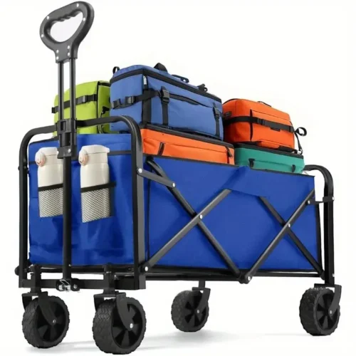 Blue folding camping wagon with all-terrain wheels loaded with gear bags