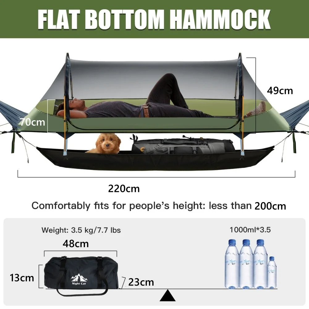 Night Cat lay flat hammock size: 220 cm bed, fits people under 200 cm, packs to 48 x 23 x 13 cm