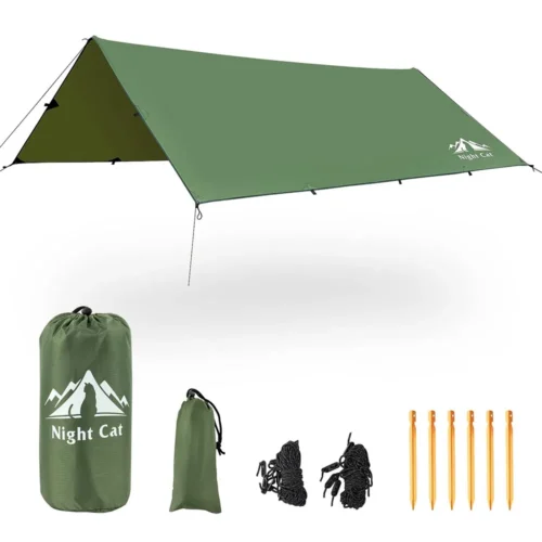 Night Cat camping tarp pitched as an A-frame, with carry bag, stakes and ropes