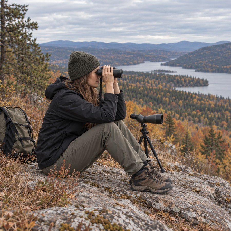 Woman glassing with binoculars beside a tripod spotting scope on a rock ledge above an autumn valley