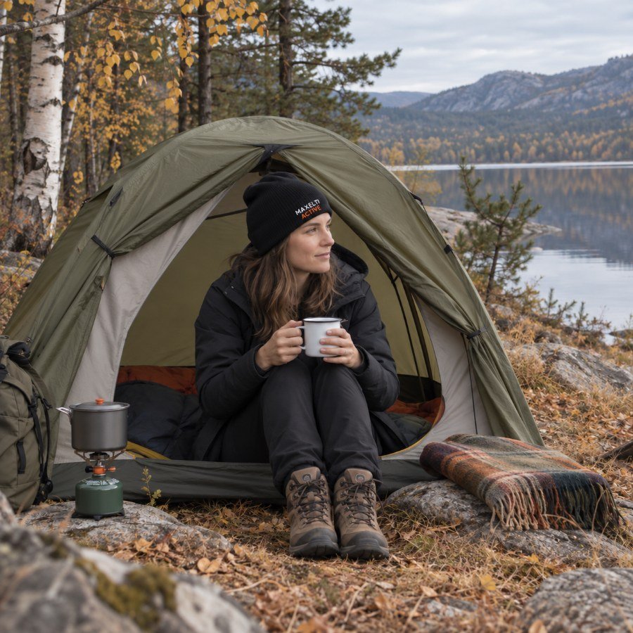 Woman in a MAXELTI Active beanie sitting in her tent with a hot drink beside a camp stove on an autumn lakeshore