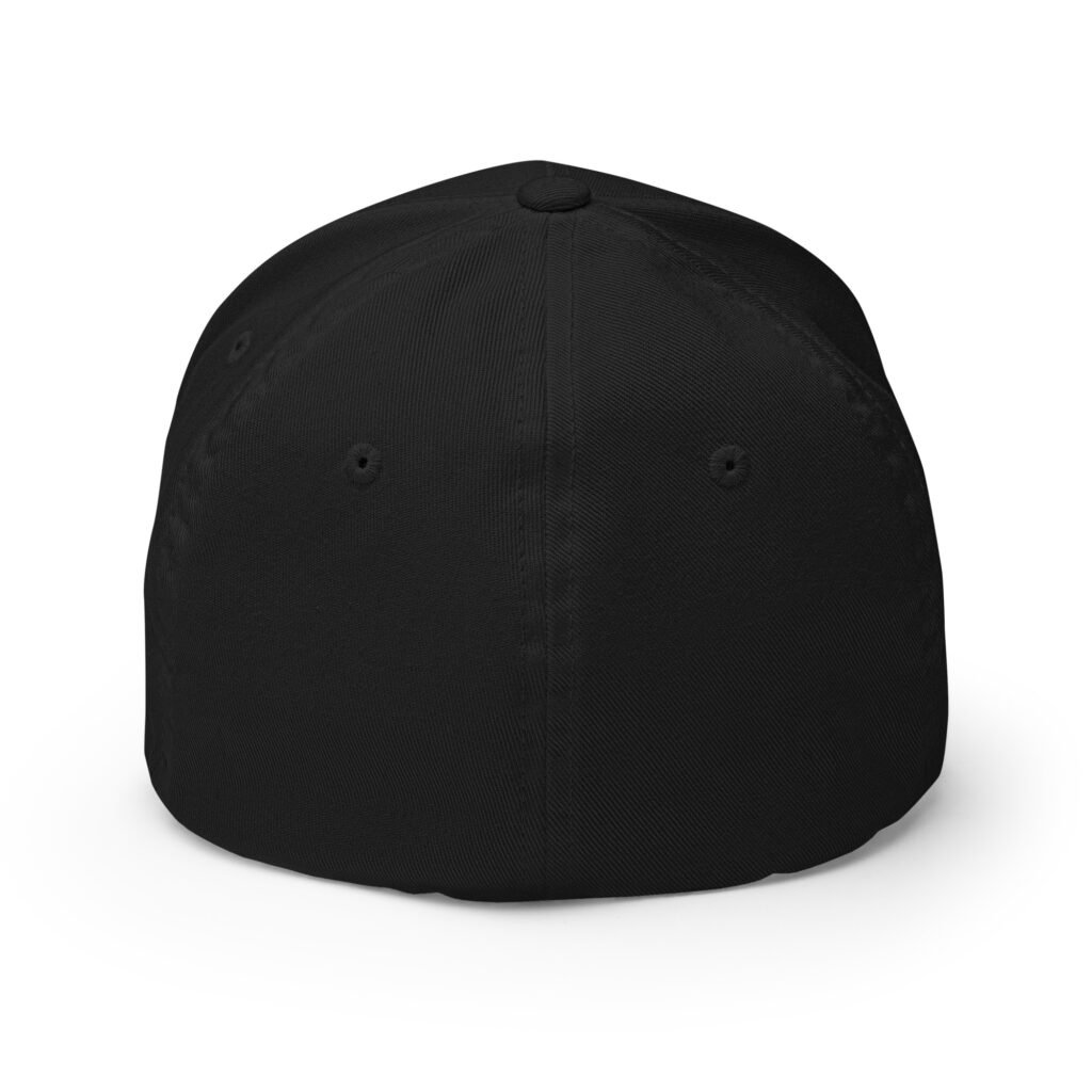 Black embroidered flexfit cap, back view of the stretch closed back