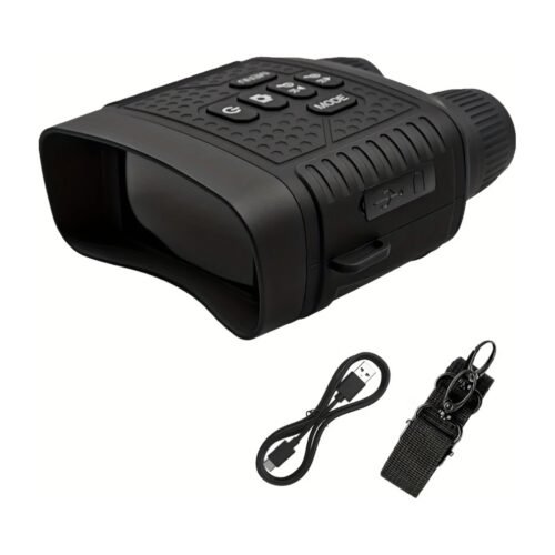 Digital night vision binoculars with 3-inch screen and USB cable on white background