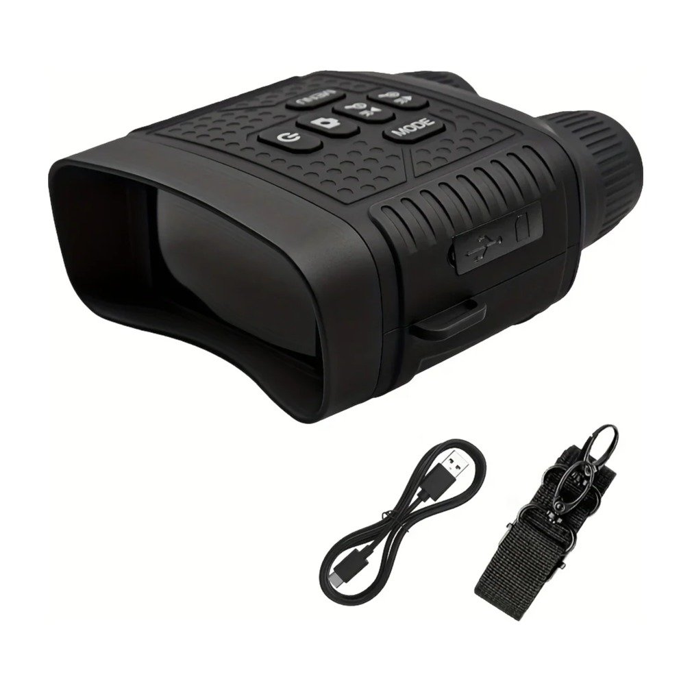 Digital night vision binoculars shown with the USB charging cable and wrist strap