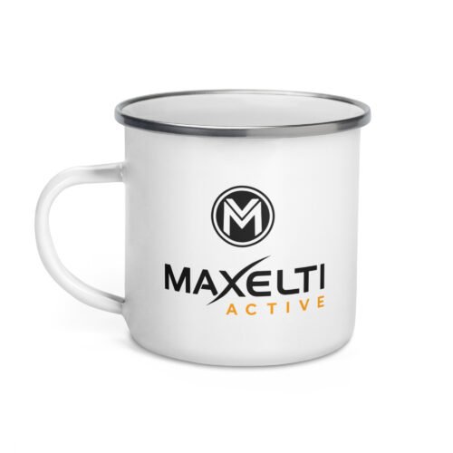 MAXELTI Active enamel camp mug, white with a silver rim, handle on the left