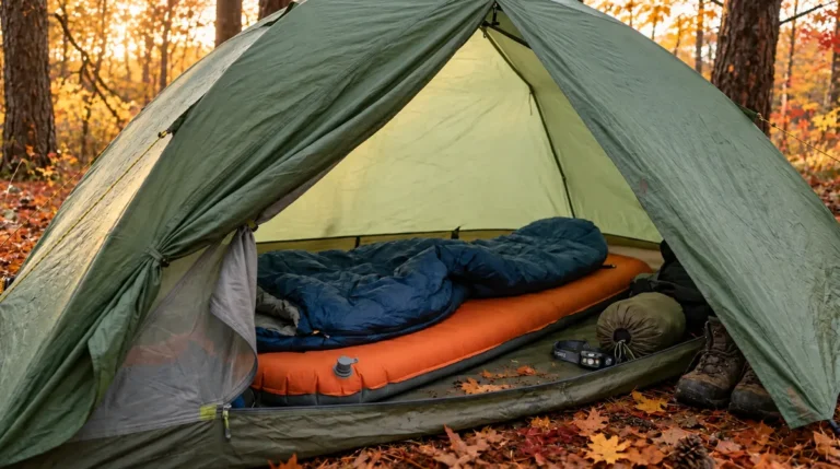 Inflatable insulated sleeping pad laid out inside a tent with autumn light coming through the open door