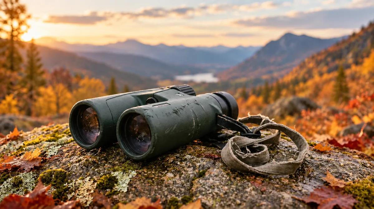 Pair of roof-prism binoculars with a coiled neck strap resting on a mossy granite boulder above a valley of autumn trees
