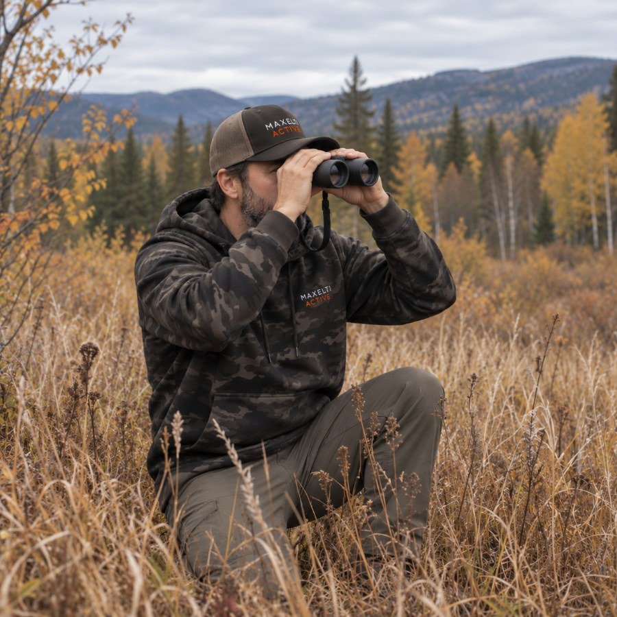 Hunter in a MAXELTI Active camo hoodie glassing with binoculars from tall autumn grass
