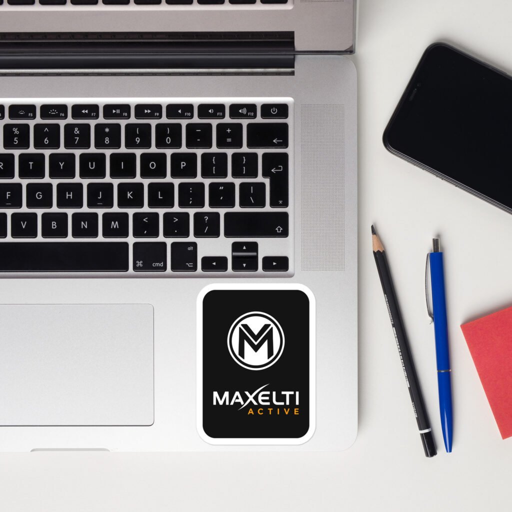 Vinyl sticker with the MAXELTI Active logo next to a laptop