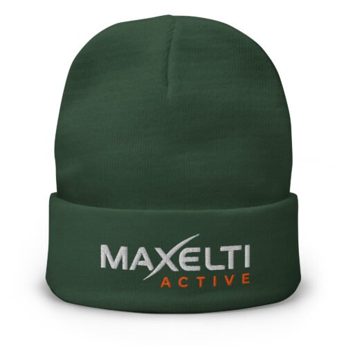 Dark green embroidered knit beanie with MAXELTI ACTIVE stitched on the cuff