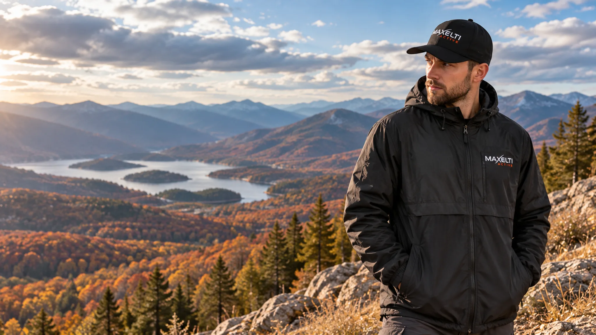 Hiker in a MAXELTI Active windbreaker and cap on an autumn ridge above a mountain lake