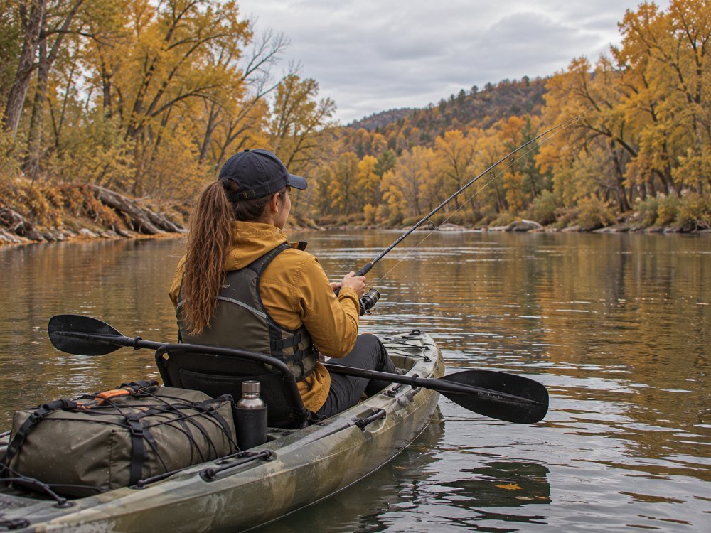 Woman fishing with a spinning rod from a kayak on a calm river lined with golden cottonwoods