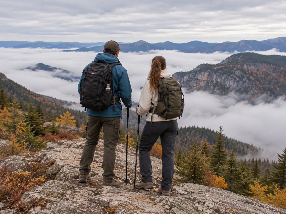 Two hikers on a bare rocky ridge above a valley filled with low cloud