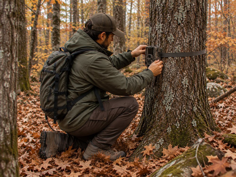 Person strapping a trail camera to an oak trunk in a dense autumn oak woodland