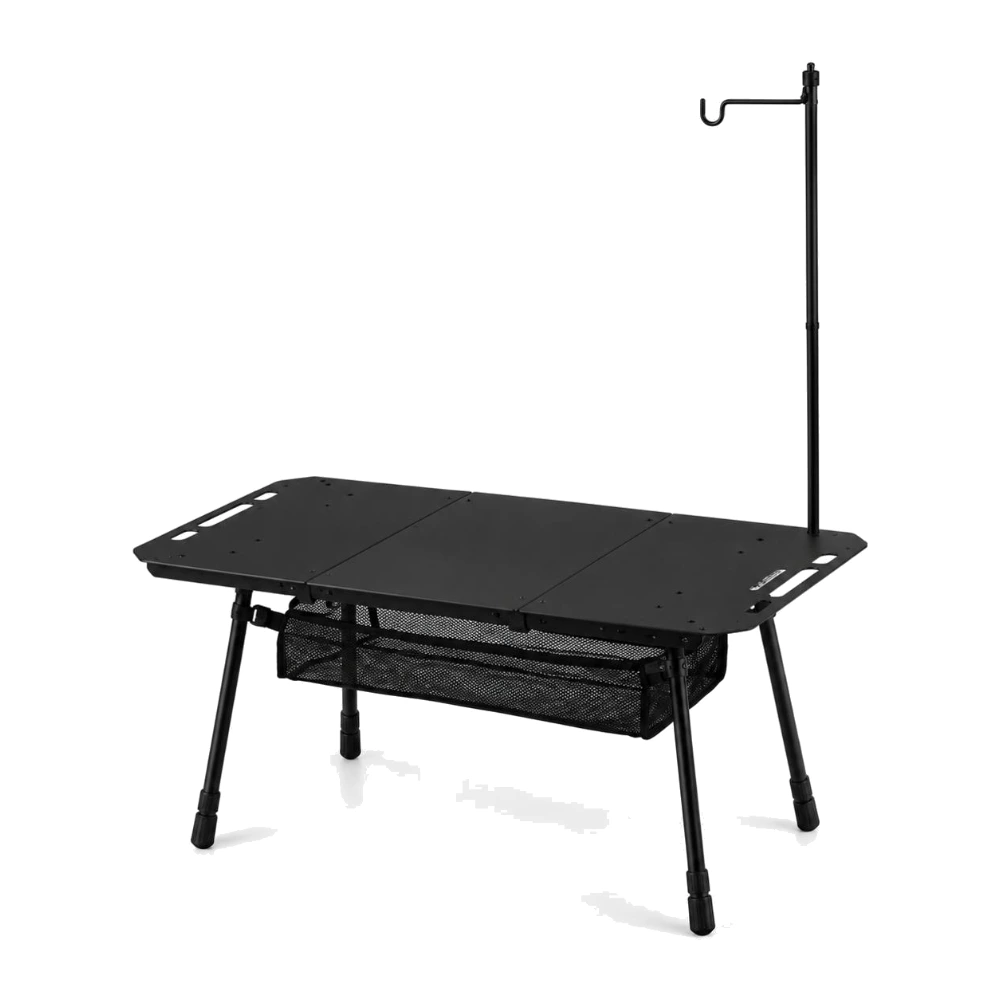 Naturehike IGT camping table in black with folding aluminum top, lantern pole and mesh storage net
