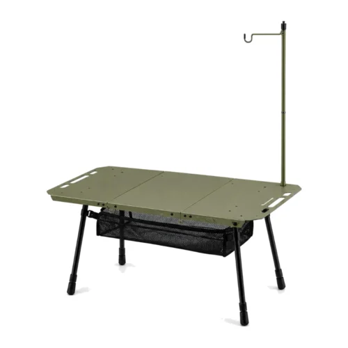 Naturehike IGT camping table in olive green with folding aluminum top, lantern pole and mesh storage net