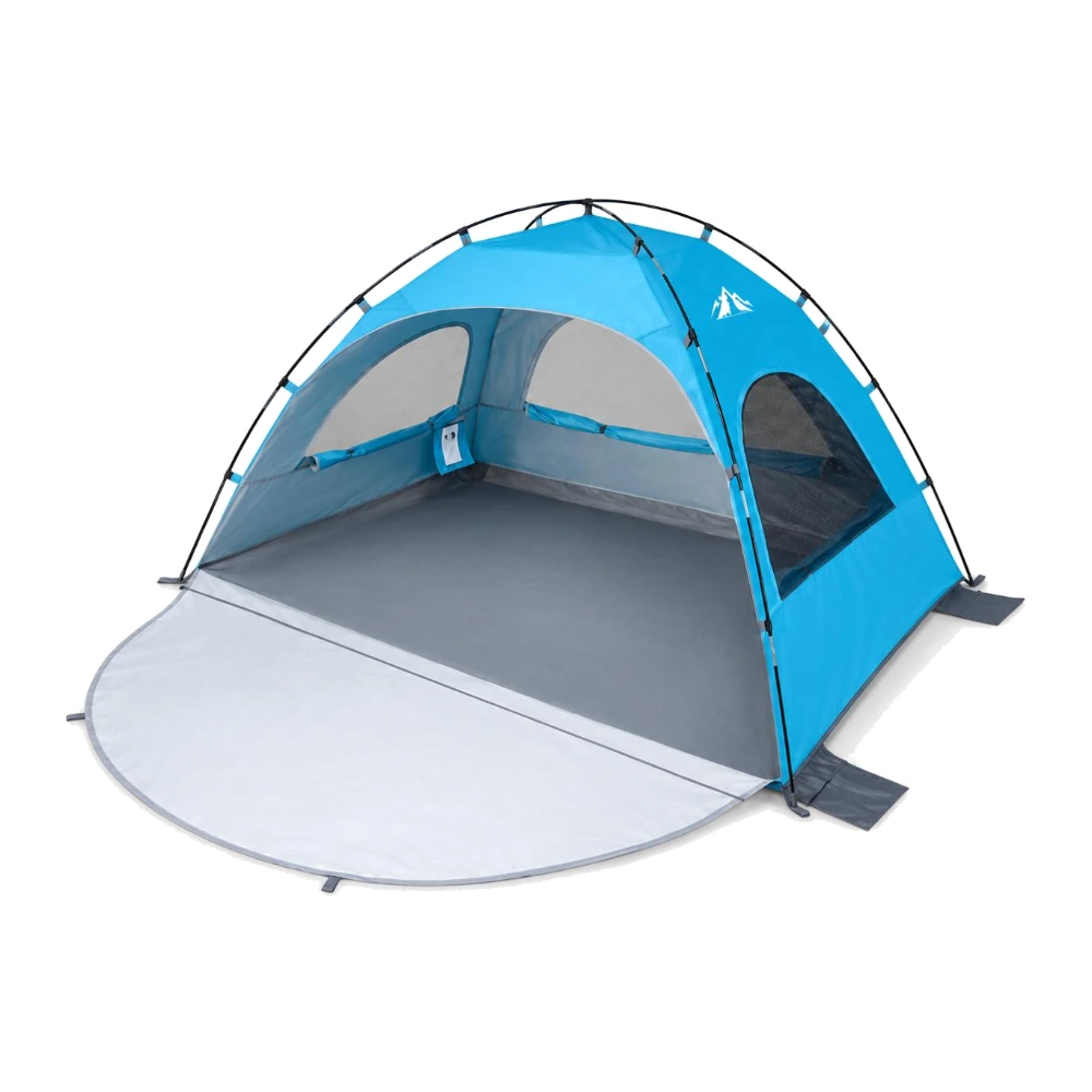 Night Cat beach tent sun shelter in light blue with three mesh windows and extended front floor
